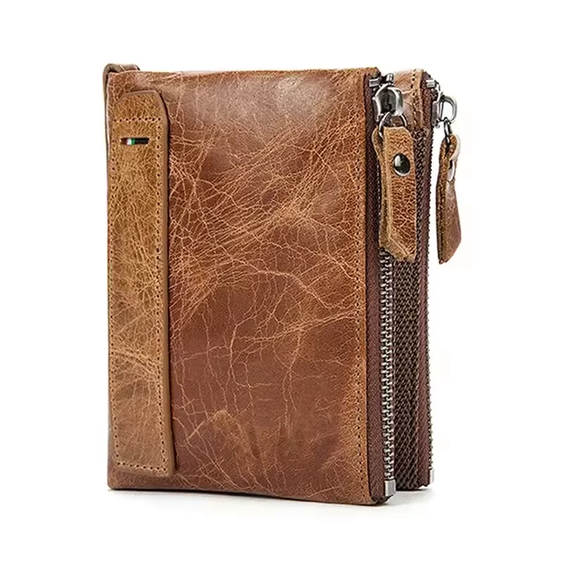 New RFID Protected Classical Genuine Leather Men Wallet Card Holders Wallets Double Zippers Coin Wallet Men Leather Short Purse