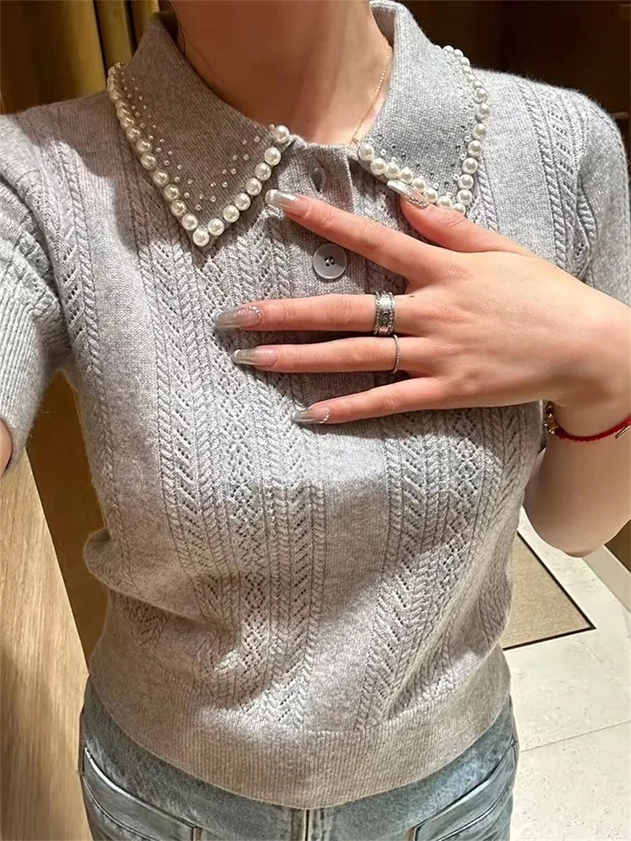 

Spring New Grey Neck Short Sleeve Knitted Pearl Trim Hollow out Top Versatile Fashionable Slim Fit Women's Fashion