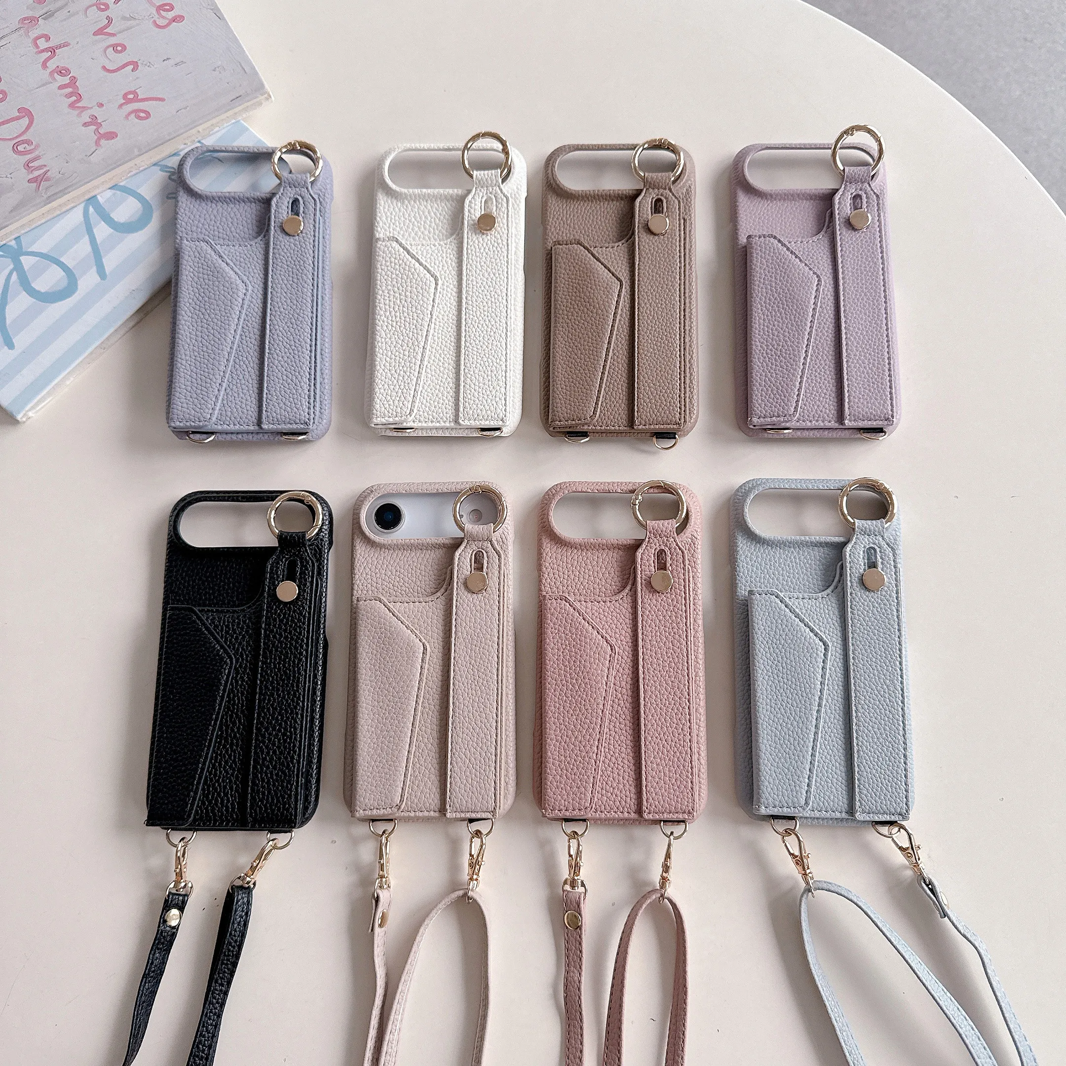 Casing Kulit Magnetik dengan Tali Selempang, Ring Holder, Slot Kartu, dan Tali Panjang untuk iPhone 17 Pro Max 16 Plus 15 14