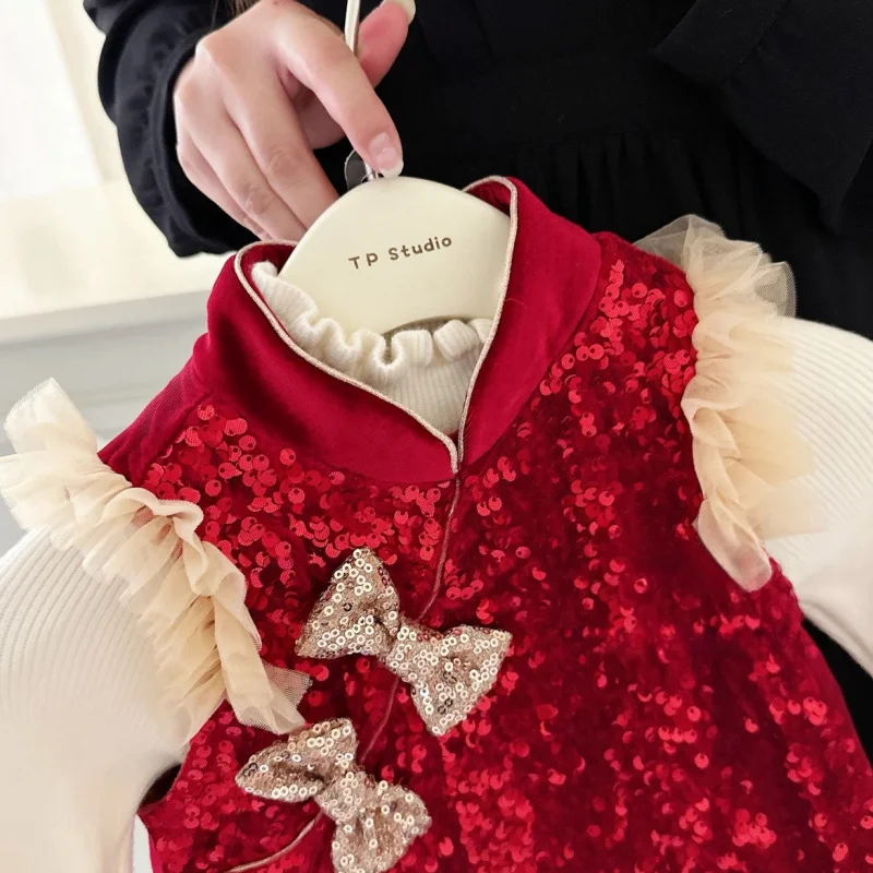 

Girls' Cheongsam Dress New Fleece-Lined Sequin Two-Piece Set2025Baby Girl Thickened Dress Chinese Style New Year Dress