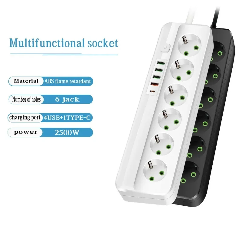 EU Plug Power Strip 3/4/5/6 Socket 2500W Electrical Outlet with 4 USB 1 Type-C Port 2m Extension Cord Adapter 2.1A fast Charging