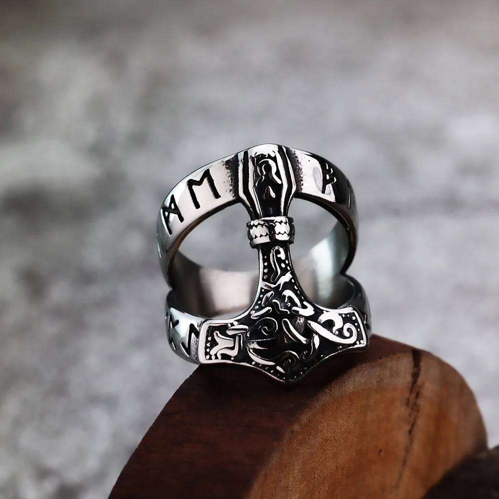 خاتم فايكنغ أودين شخصي للرجال ، الأساطير الشمال ، مطرقة رون ، النمط الأوروبي والأمريكية ، الأزياء والمجوهرات