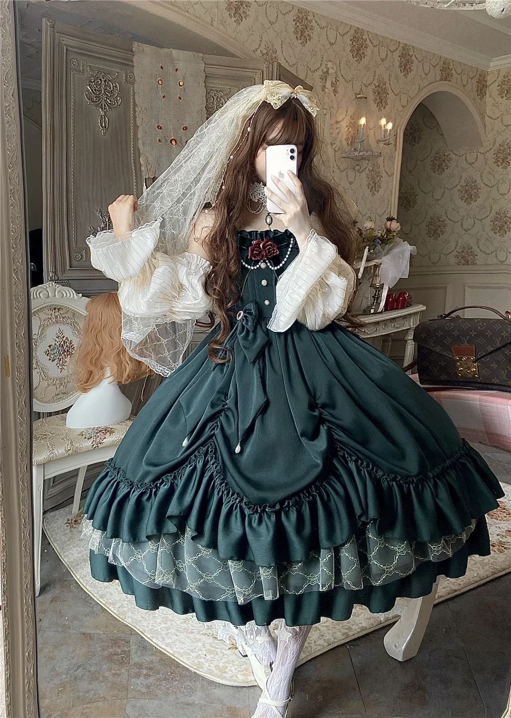 Vestido largo de estilo Retro de palacio Lolita para niña, traje Victoriano de cintura alta con lazo de encaje, Estilo Vintage, Kawaii, Cosplay Cos