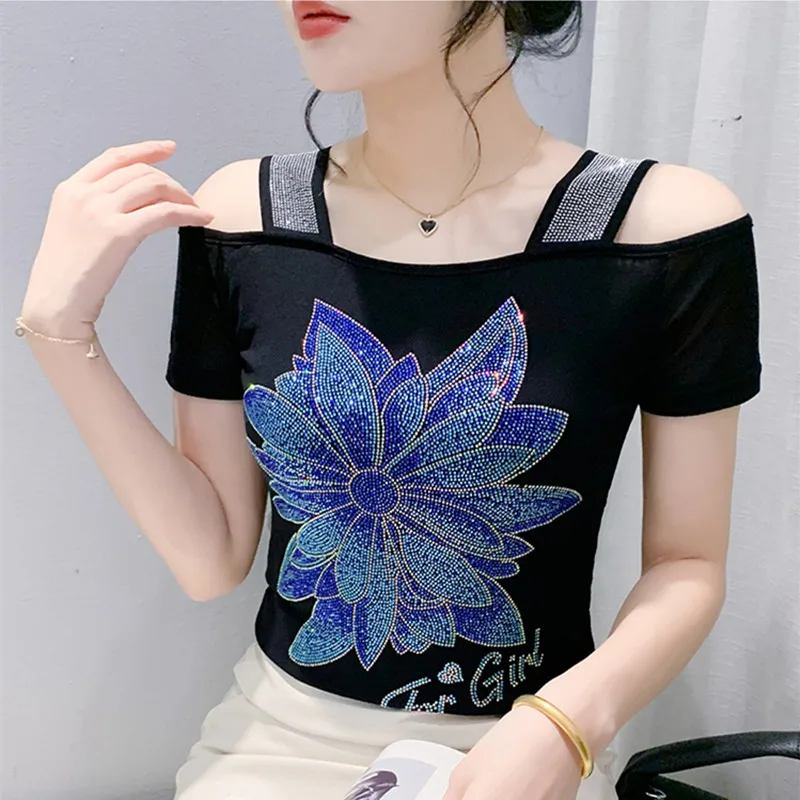 Streetwear Girl Summer Flower T-shirt Chic Sexy Off Shoulder Shiny Hot Diamonds Tees New Women Short Sleeved Luxury Tops Shirts