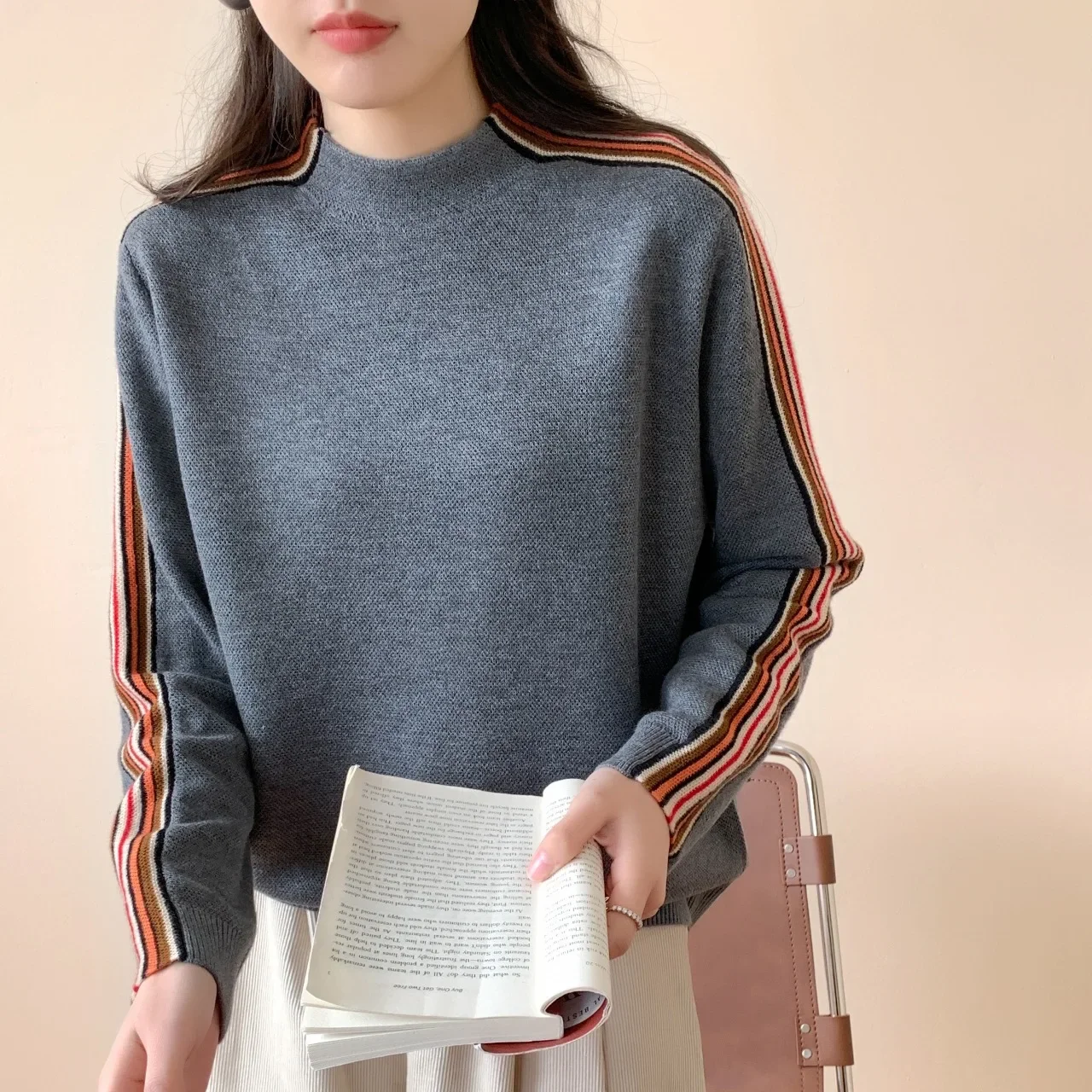 2024 New Semi-turtleneck Simple Casual Knitted Sweater Autumn Winter Clothes Women Loose Long-sleeved Tops Sweater Pullover