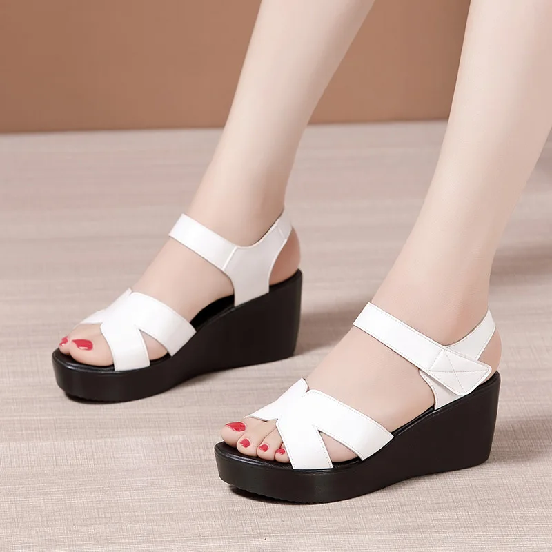 High quality summer leather wedge sandals for women 6cm mid heel 2024 size 33 43 platform open toe elegant shoe black red white