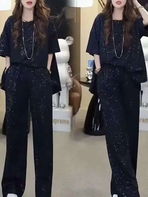 

Summer Slimming Bright Sequin plus Size Women's Fashion Set High Waist Wide Leg Pants Short Sleeve round Neck Two Piece Set