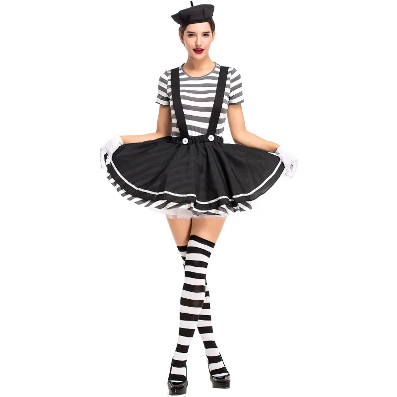 Adult Women Mesmerizing Mime Cosplay Costume Women Sexy Funny Circus Clown Costume For Halloween Party Fancy Dress With stocking