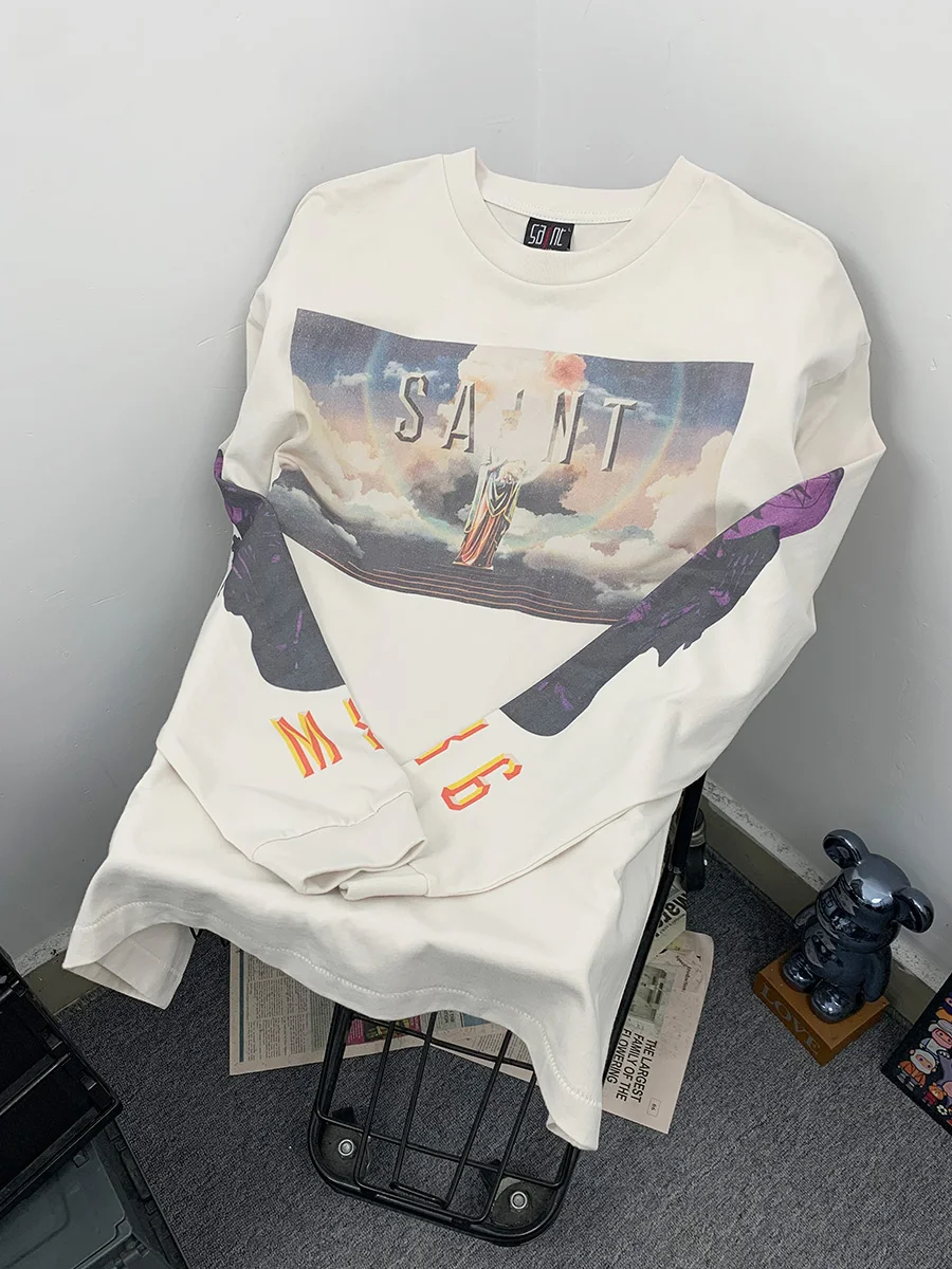 

Retro Washed Heavyweight Long Sleeve T-Shirt Couple Matching Loose Fit Cotton Crew Neck Printed Casual Top for Men And Women