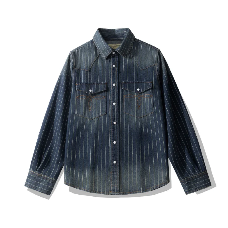 Cotton Heavy Wash Replica of the Classic 1960s Bag Flower Vertical Stripe Denim Workwear Long Sleeve Button Down Shirt Old Thick