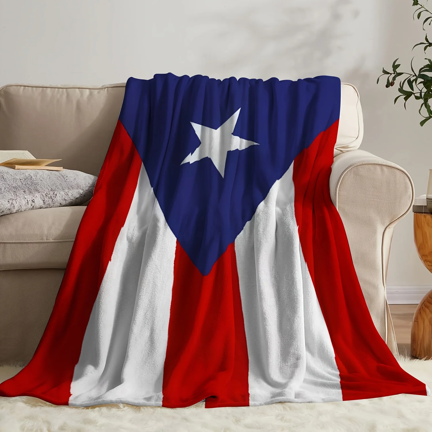 Puerto Rican Flag Flannel Throw, Ultra-Soft Extra Large Vibrant Colors, for Sofa Bed Office Camping Patriotic Decor