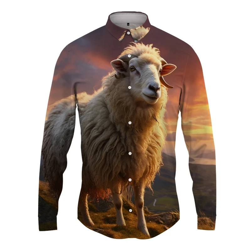 

Hawaii Long -sleeved Shirt Streets Harajuku Men's Spring And Autumn Fashion Men's Button Shirt New 3D Cute Goat Printed Shirt