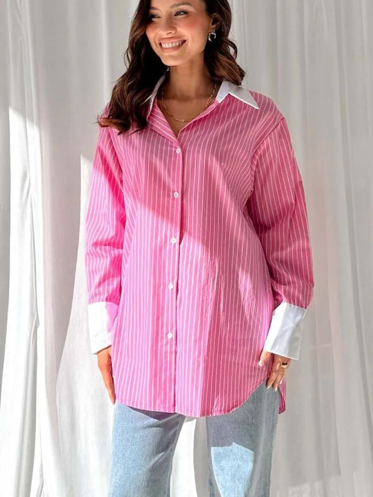

Striped Color-blocked Printed Shirt For Woman Spring Fashion Flip Collar Long Sleeves Blouses Autumn Ladies Loose Office Tops