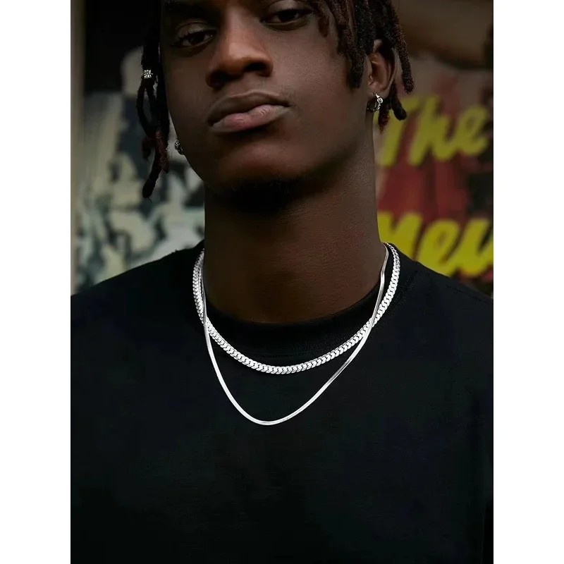 Men Double Layer Cuban & Snake Chain Necklace Stainless Steel Two Style Stack Choker Hip Hop Fashion Neck Jewelry