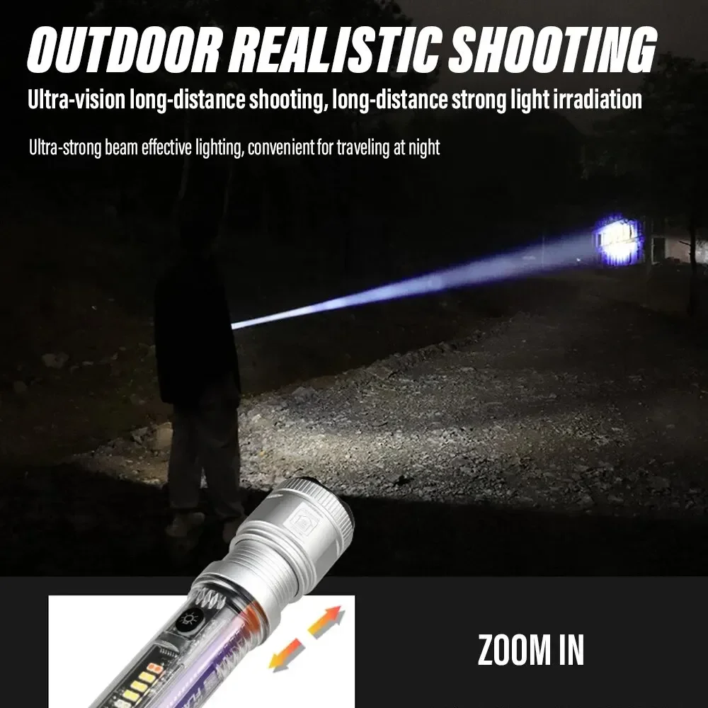 Super Bright LED Flashlight with White Laser Beads and Red and Blue Side Lights, Support Solar Charging