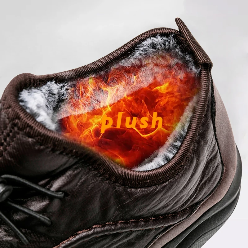 Winter Men\'s Snow Boots PU Leather Plush Boots Male Warm Causal Shoes Waterproof Ankle Boots Man Walking Hiking Trekking Sneaker