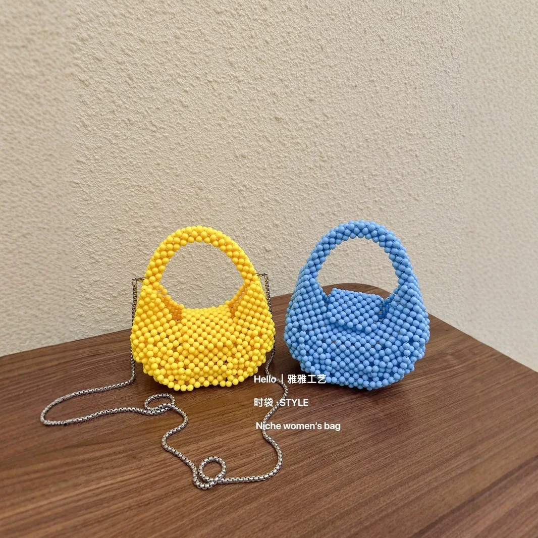 2026 Candy Colored Hand Woven Bead Production Pearl Women's Bag Casual Versatile Mobile Handbag Customizable Color Wholesale