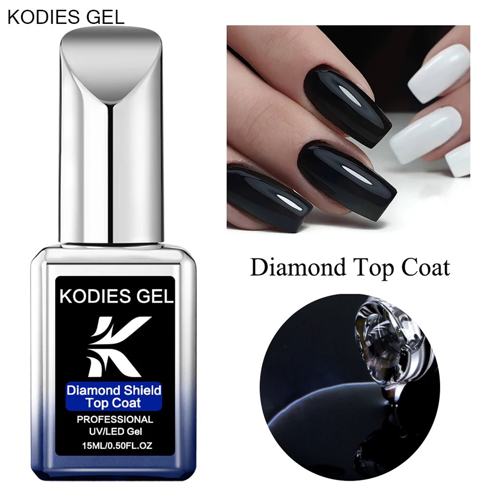 KODIES GEL Diamante Brilho Top Coat Unhas Gel Polonês, Top High Gloss Shield, Acabamento Semi Permanente, UV e LED Manicure Art
