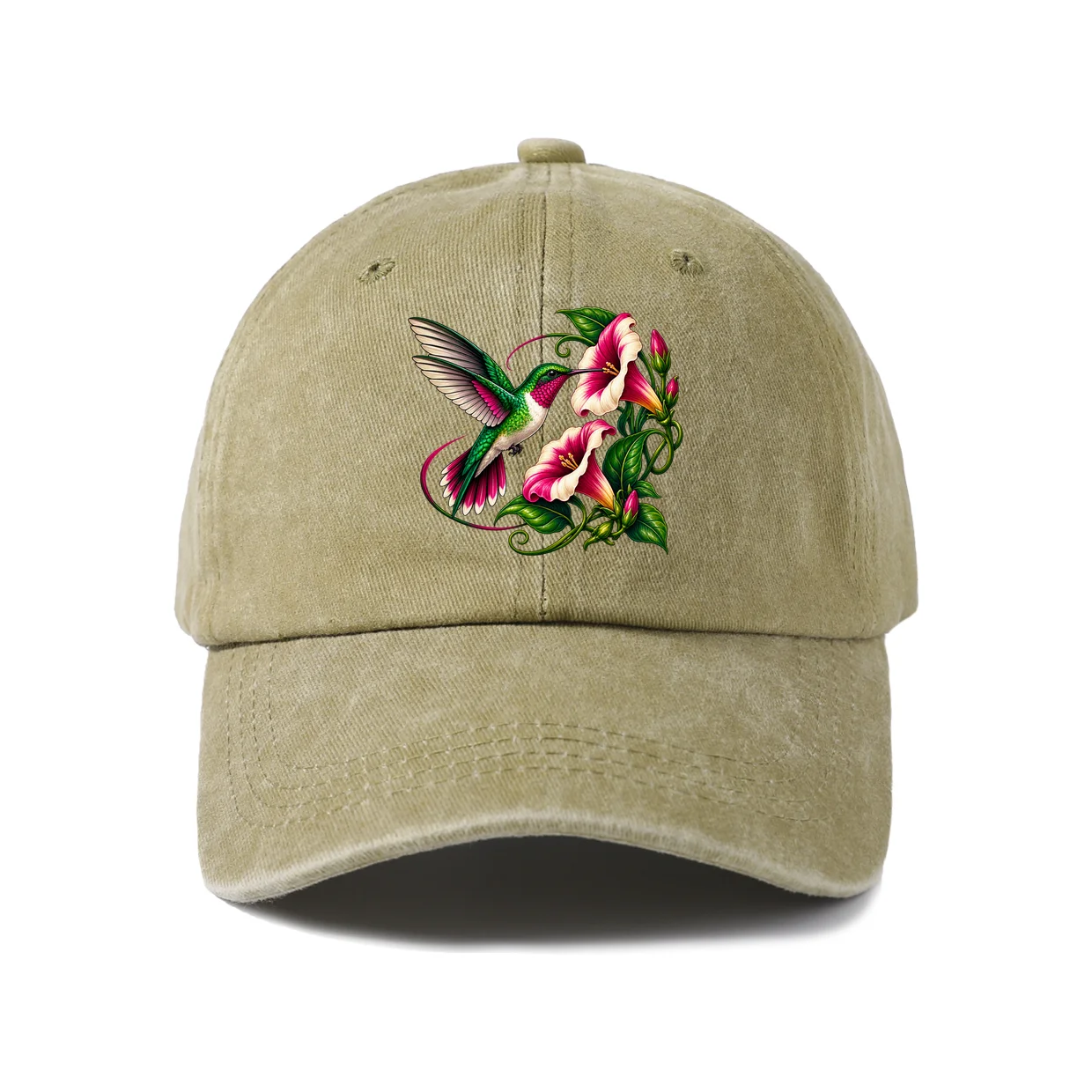 Hummingbird and Flower Graphic Baseball Cap, Vintage Washed Adjustable Unisex Dad Hat, Casual Gift