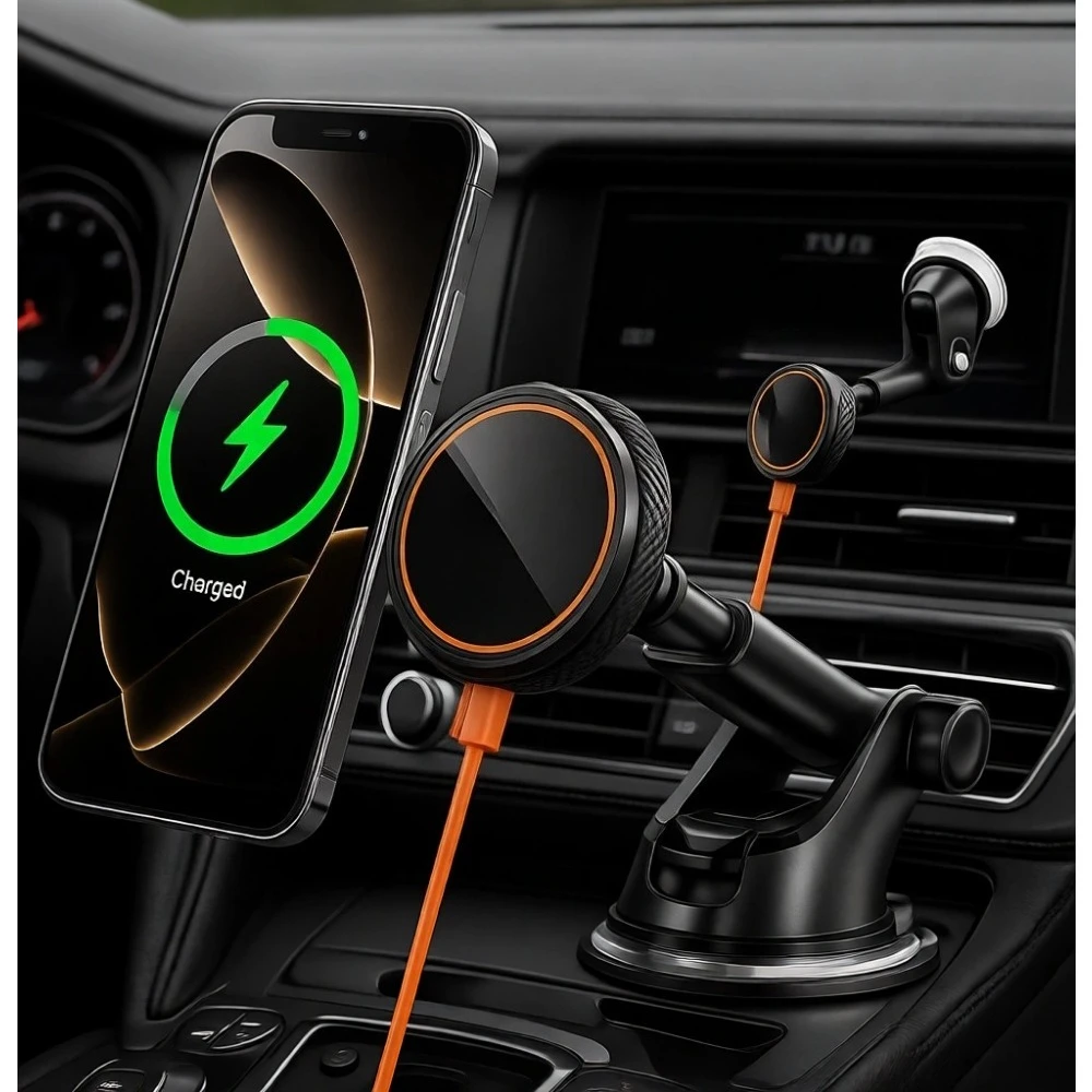 

Magnetic Car Phone Holder Designed for iPhone 17-12 Series with Random Orange or Black Charging Cable