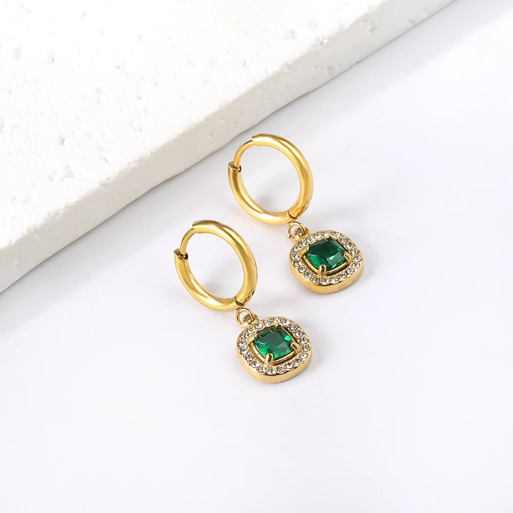 LUXUSTEEL Vintage Green Rhinestone Crystal Hoop Earrings For Women Girls Geometric Triangle Round Earrings Bridal Wedding Party