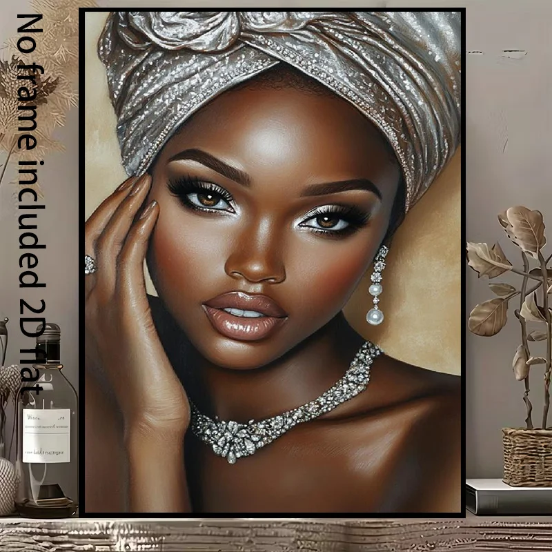2D Flat, 2D Flat, [2D Flat] 1pc Decorative Canvas Painting Elegant Woman Wearing Silvery Headscarf And Diamond Jewelry Exquis