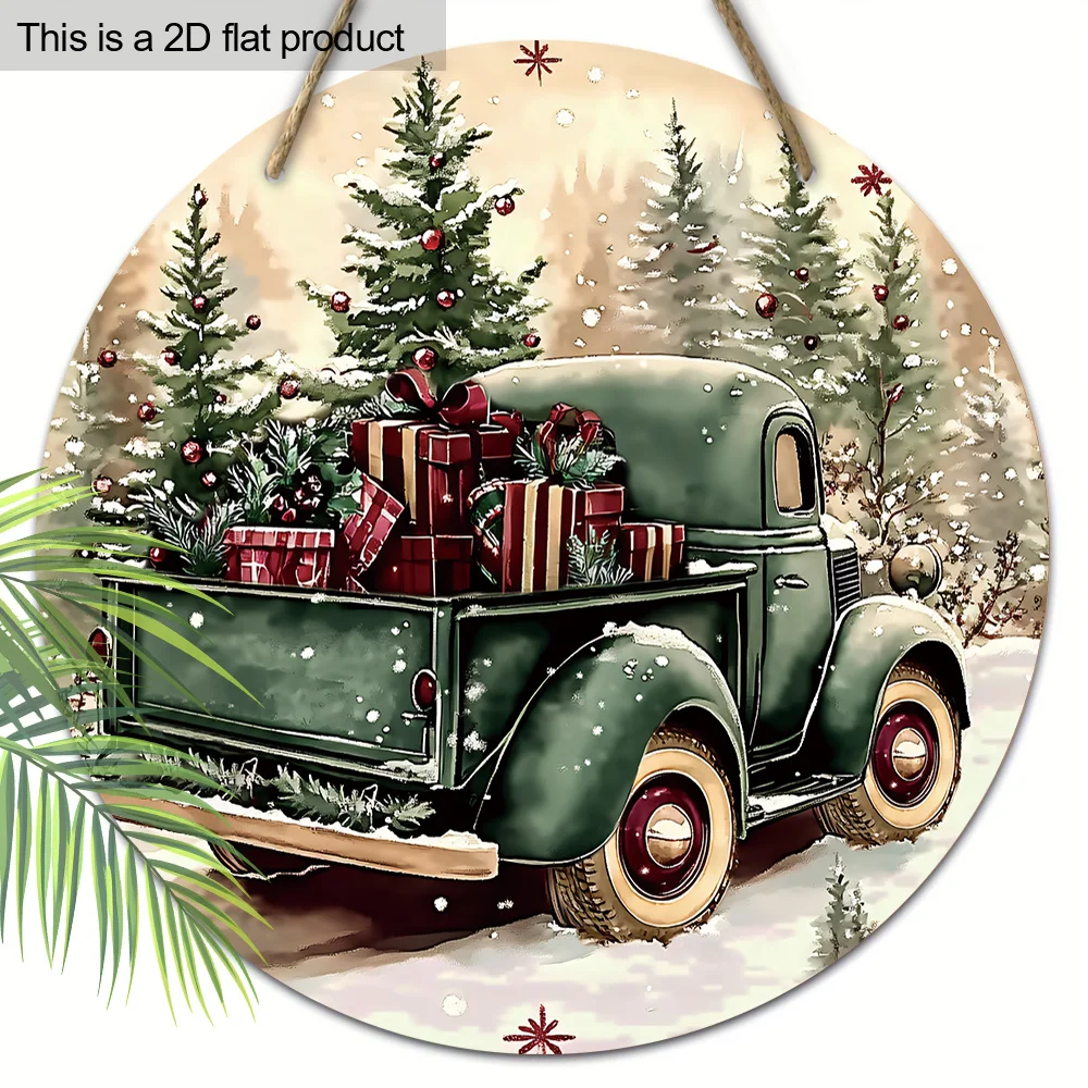 1pc Green Car-Shaped Round Wooden Hanging Ornament - Artificial Christmas Tree Decorations Suitable for Home, Farmhouse, Garden,