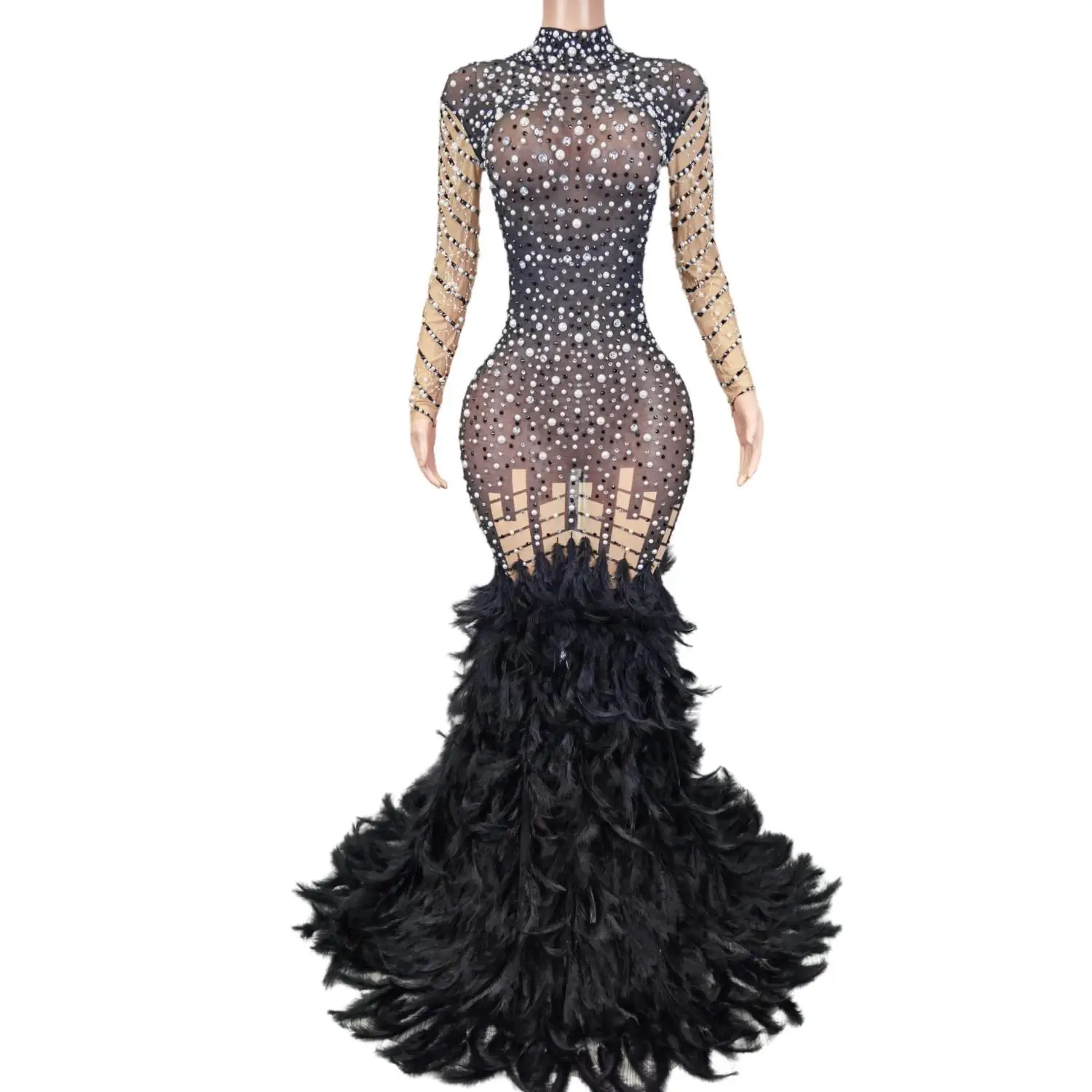 

Black Feather Pearls Mermaid Dress Fashion Lady Singer Host Evening Performance Long Dress Model Catwalk Tail Dress Liantiyumao