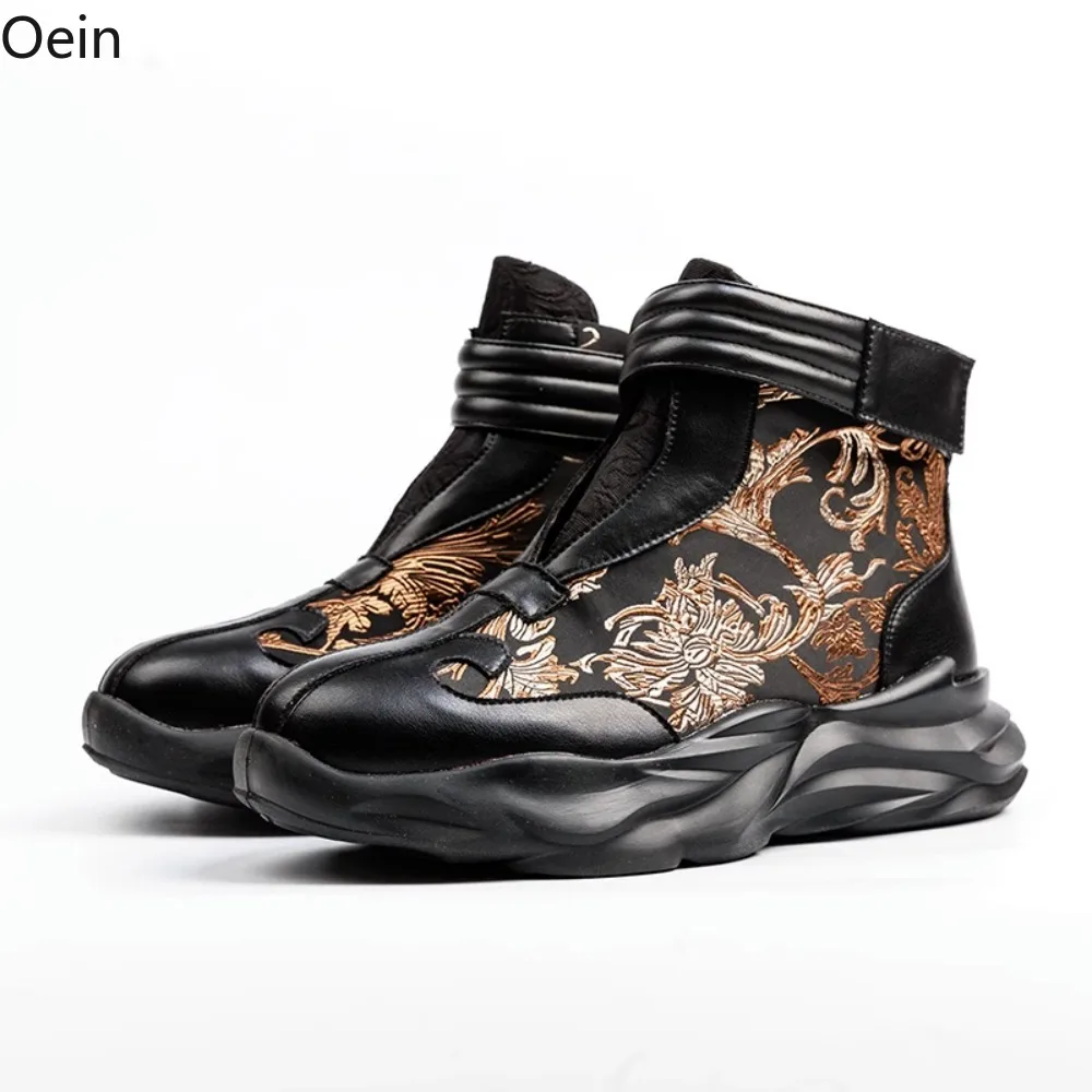 

Embroidery Men's Leather Sneakers Shoes Mesh Sport High Top Casual Fashion Zip Ankle Boots