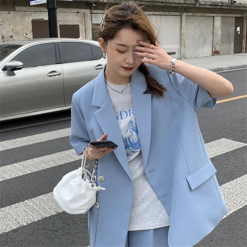 Elegant Women\'s Pants Suit Female Office Tracksuit Blazer Summer Thin Casual Loose Short Sleeve Jacket Shorts Two Piece Set