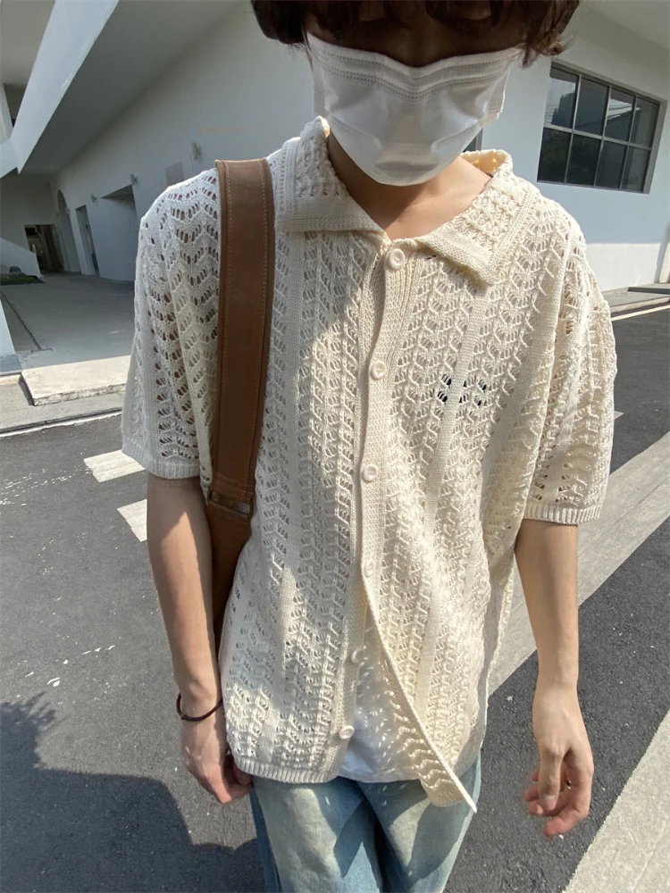 Hollow Out Cardigan Men Leisure Pure Color Harajuku Streetwear Half Sleeve Japanese Style Stylish  Baggy Cozy Soft Ins