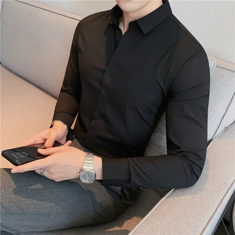 Men Long Sleeved Shirt 2024 Autumn New Anti-wrinkle Soft Solid Casual Elastic Slim Fit Camisas Y Blusas Streetwear Men Clothing