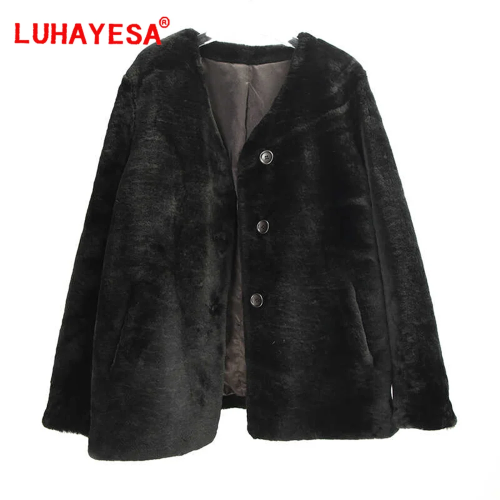 2024 Turcja Merino Sheepskin Lamb Fur Shearling Clothes Women Black V Neck Casual Daily Real Fur Coat