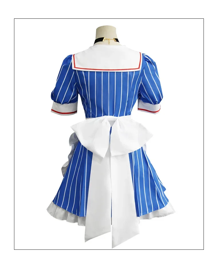 Costume de Cosplay avec Perruque pour Femme, Tenue de Demoiselle d'Halloween à Rayures Bleues, Accessoire de ix