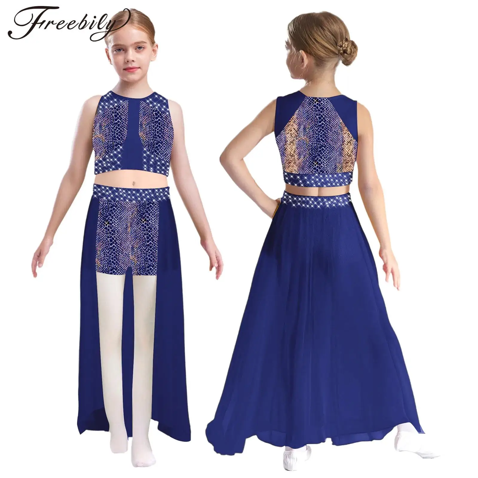 

Kids Girls Modern Lyrical Dance Performance Costume Sleeveless Snakeskin Crop Top with Leotard Skirt Skating Gymnastics Outfit