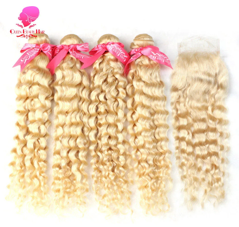 613 Honigblond gefärbtes 100% Echthaar, tiefe Wellen, 2, 3, 4 Bündel mit Verschluss, tief gelocktes Echthaarbündel mit 4x4 Spitzenverschluss – Detail 4