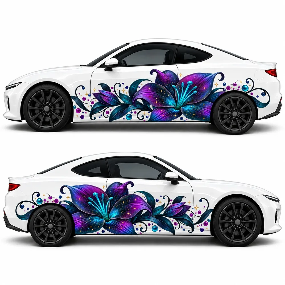 2 PCS Midnight Galaxy Lily Car Side Decals, Die-Cut Vinyl Sticker Set