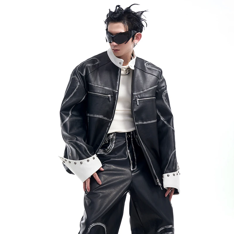 LUZHEN Leather Jackets Punk Motorcycle Clothing Handsome Wornout Patchwork Design Street Men\'s Casual Pants American New LZ5920