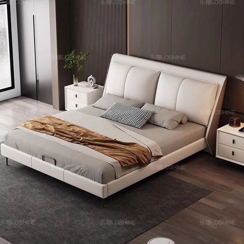 Italian Minimalist Bed Leather Modern Luxury Bed Solid Wood Headboard Double Cama De Lujo Para Dormitorio Bedroom Furniture