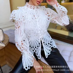 2024 Spring Summer New Women's Clothing White Hollow Pattern Long Sleeve Lace Shirt