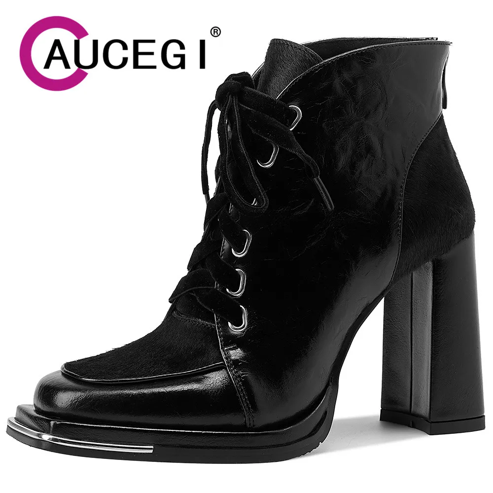 

Aucegi New Vintage Brown Black Women Ankle Boots Fashion Elegant Square Toe Autumn Winter Thick High Heel Lace Up Zipper Shoes