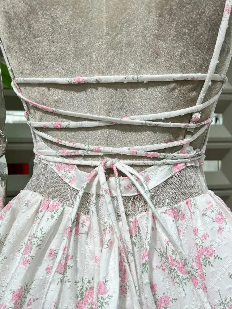 꽃 프린트 드레스 레이스 백리스 플록 패치 워크 컷 아웃 본드 장착 코르셋 여성 패션 파티 칵테일 드레스 여름 신작