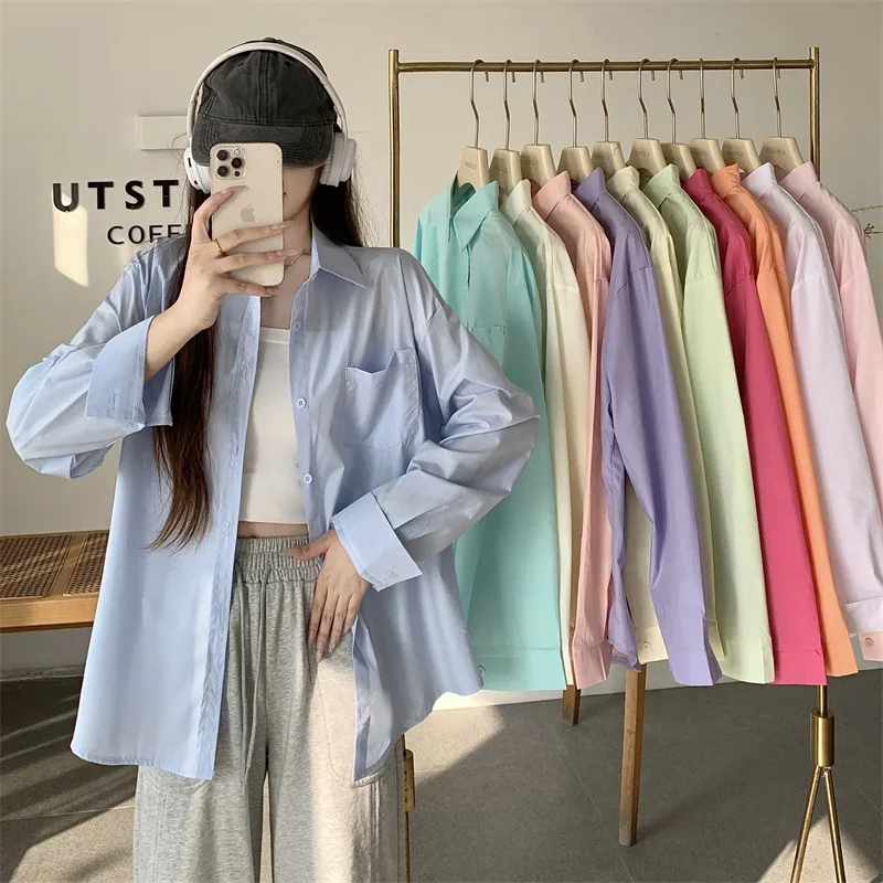 

White Oversize Shirt Summer Casual Long Sleeve Chest Pocket Button Down Collared Women Shirts and Blouses Outfit