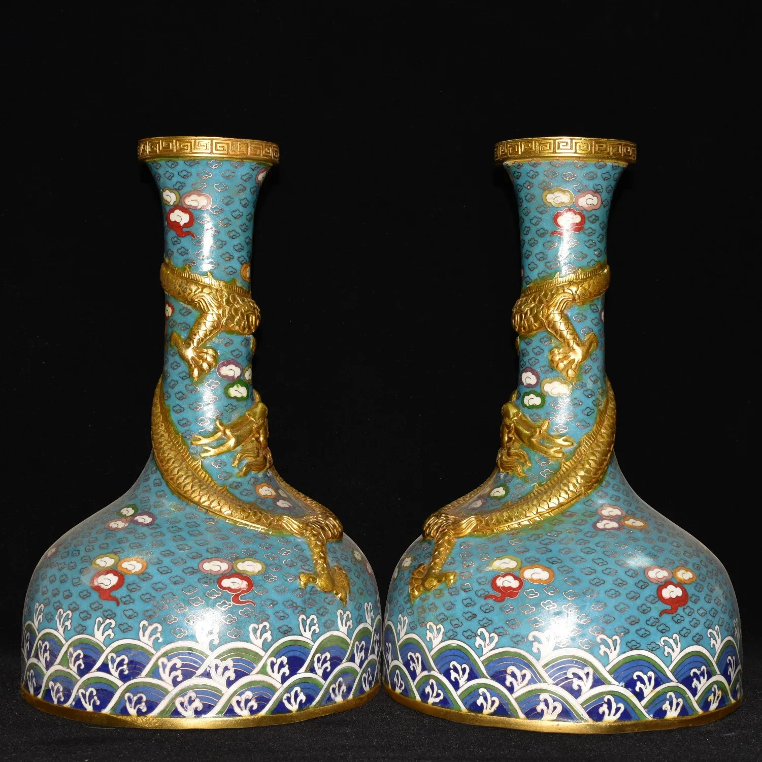 

15"Tibetan Temple Collection Old Bronze Cloisonne Enamel Dragon Pattern Vase A Pair Amass wealth Ornaments Exorcism