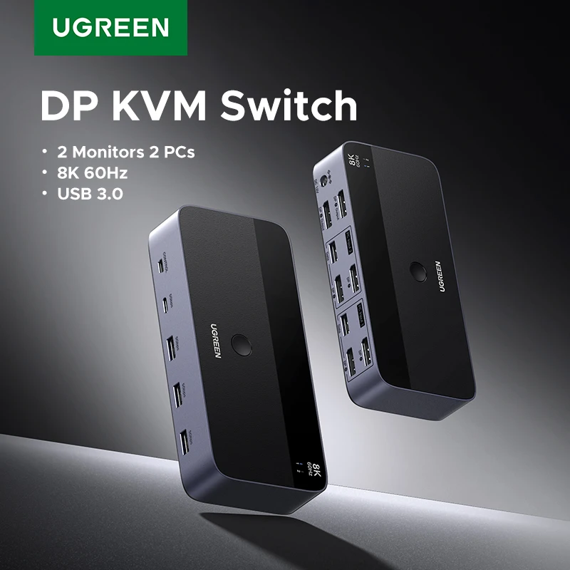 UGREEN 8K 60Hz DP KVM Switch 2 Monitors 2 PCs USB 3.0 Sharing Keyboard Mouse Monitor with HDR 3D for Desktop Printer