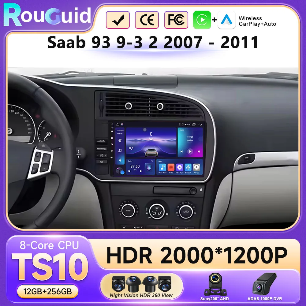 Android 16 Auto For Saab 93 9-3 2 2007 - 2011 Carplay Touch QLED Screen Car Radio GPS Navigation Radio No 2din Stereo Bluetooth