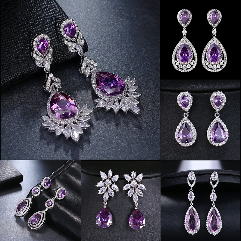 SUGO New Arrival Temperament Charming High Quality Purple Cubic Zirconia Earrings for Noble Ladies Women Shiny Dineer Jewelry