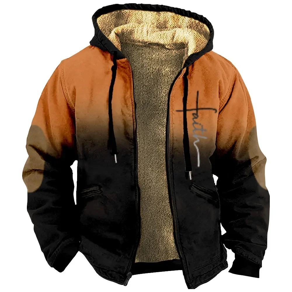 Men Jacket Cardigans Cursive Faith Cross Coats Festival Gradient Printed Thick Outdoor Hunting Fleece Winter Streetwear Clothing