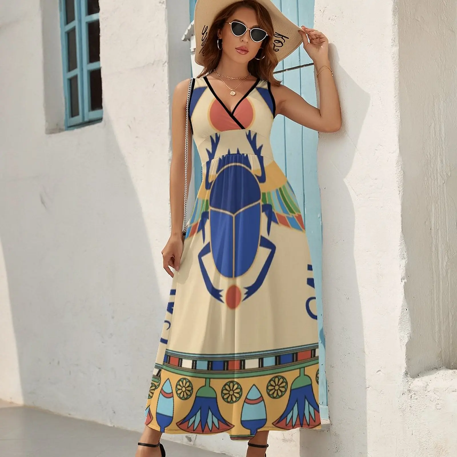 Egyptian Scarab Dress Aesthetic Boho Beach Long Dresses Women Cute Pattern Maxi Dress Gift Idea