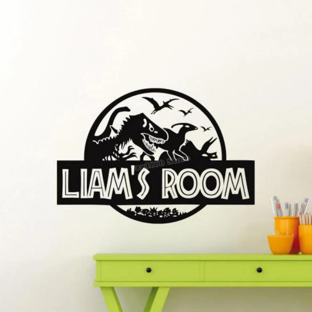 Personalized Name Jurassic Park Wall Decal Vinyl Sticker Custom Name Jurassic World Wall Sticker Dinosaur Kids Room Decor A048
